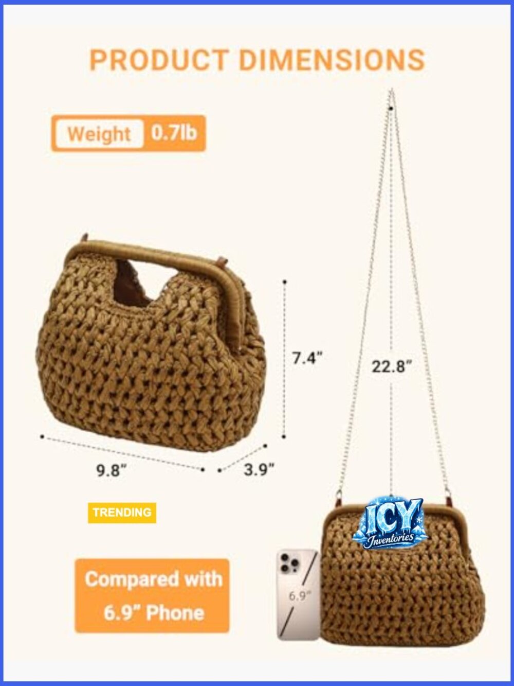 Natural Straw Woven Clutch Purse, Beach Crossbody Bag with Gold Chain - Picture 6 of 7